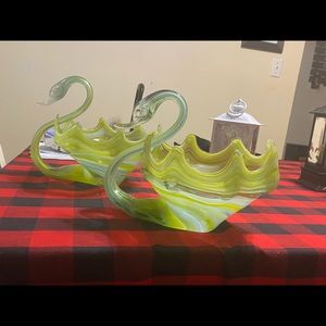 Vintage Green Glass Swan Dishes